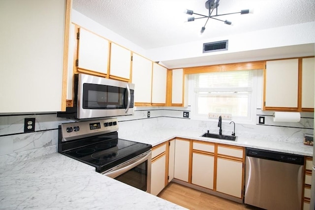 369 Aiken Ave Unit 15, Lowell, MA 01850 - kitchen with stainless steel appliances, a sink, backsplash, a chandelier, and light wood-type flooring