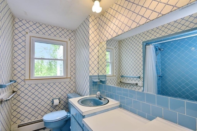 767 S Main St, Bellingham, MA 02019 - bathroom with a baseboard heating unit, vanity, wallpapered walls, and a shower with curtain
