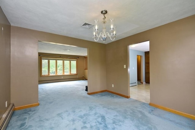 767 S Main St, Bellingham, MA 02019 - unfurnished room featuring a baseboard heating unit, light carpet, a chandelier, and baseboard heating