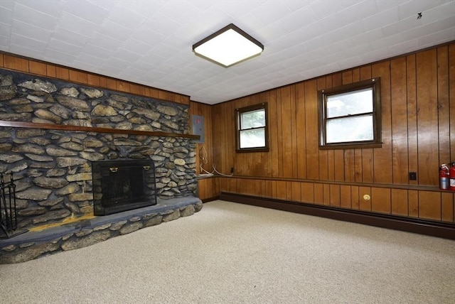 767 S Main St, Bellingham, MA 02019 - unfurnished living room with carpet floors, baseboard heating, a fireplace, and wood walls