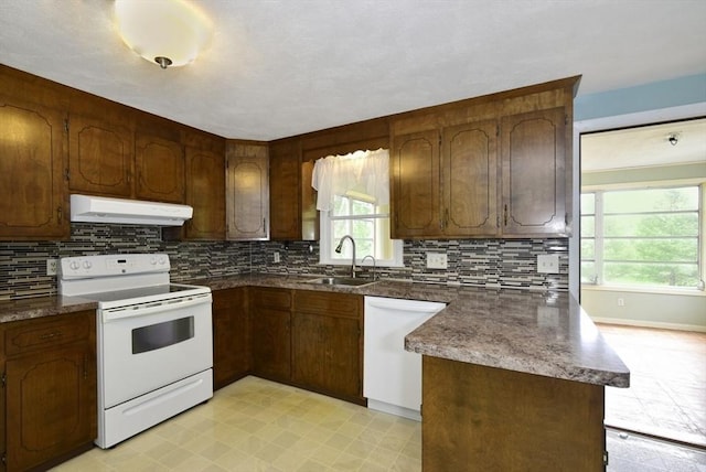 767 S Main St, Bellingham, MA 02019 - kitchen with under cabinet range hood, white appliances, a peninsula, and backsplash