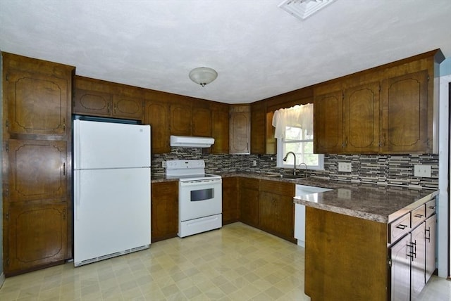 767 S Main St, Bellingham, MA 02019 - kitchen with white appliances, range hood, backsplash, and dark countertops
