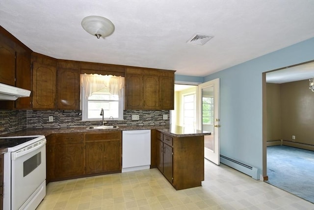 767 S Main St, Bellingham, MA 02019 - kitchen featuring white appliances, baseboard heating, plenty of natural light, and a peninsula