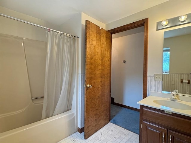 486 Turners Falls Rd, Montague, MA 01351 - bathroom with vanity, shower / bath combination with curtain, and baseboards