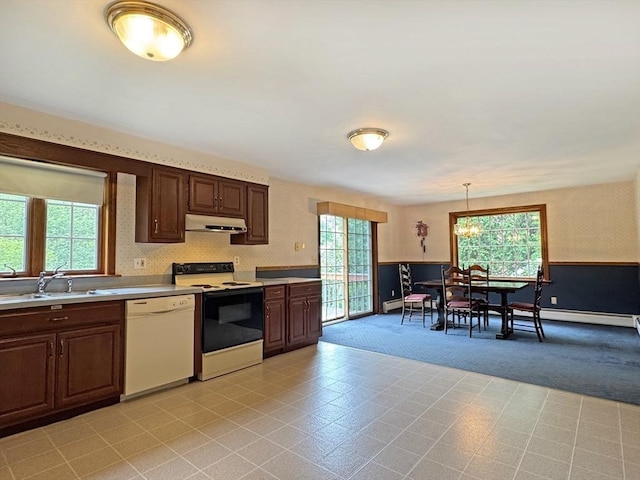 486 Turners Falls Rd, Montague, MA 01351 - kitchen featuring dishwasher, electric range oven, under cabinet range hood, a sink, and light countertops