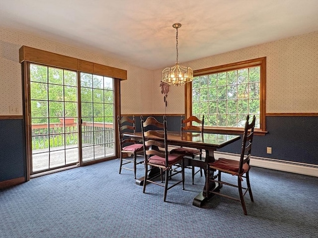 486 Turners Falls Rd, Montague, MA 01351 - dining space featuring wallpapered walls, a chandelier, carpet, and wainscoting
