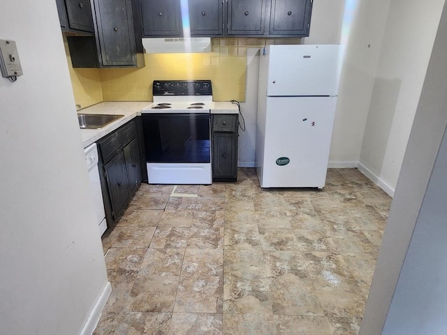 176 Maple Ave Unit 2-1, Rutland, MA 01543 - kitchen featuring white appliances, exhaust hood, backsplash, and light countertops