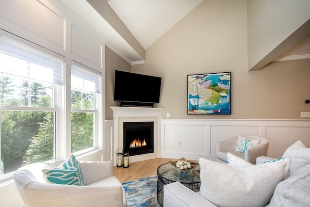 living area featuring vaulted ceiling, a decorative wall, a warm lit fireplace, a wainscoted wall, and ornamental molding
