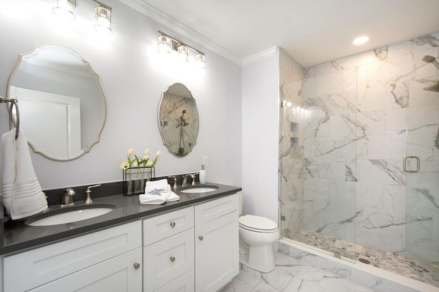 bathroom featuring marble finish floor, a sink, a marble finish shower, and toilet
