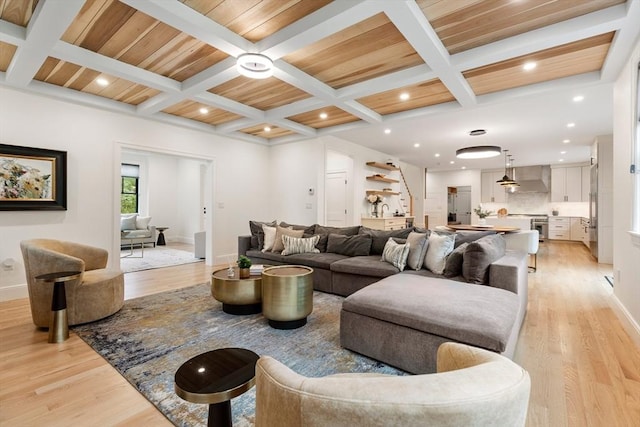 92 Cedar St, Lexington, MA 02421 - living area with coffered ceiling, light wood-style floors, baseboards, recessed lighting, and wooden ceiling with exposed beams