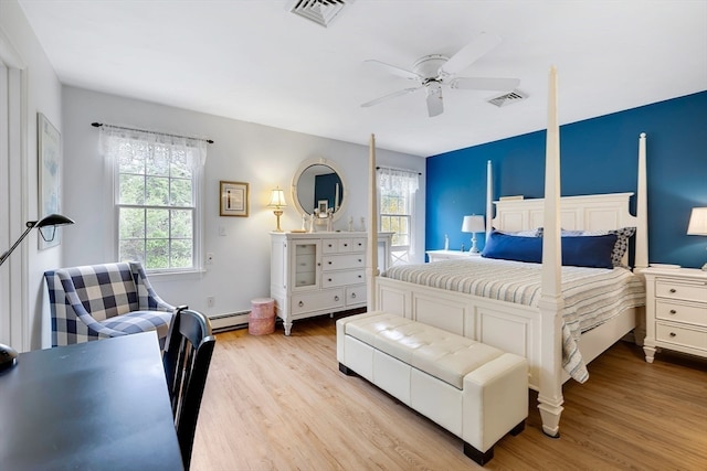 bedroom featuring a baseboard radiator, ceiling fan, and hardwood / wood-style floors