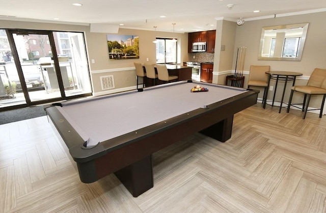 game room featuring crown molding, pool table, recessed lighting, and visible vents