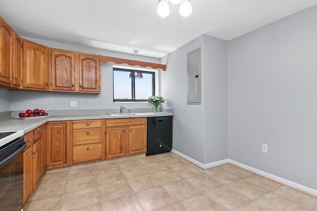 kitchen with black dishwasher, light countertops, electric range oven, brown cabinets, and a sink