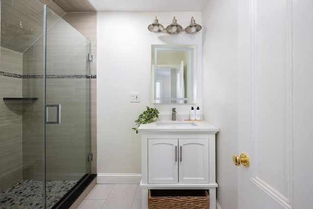 36 Warwick St, Somerville, MA 02145 - bathroom featuring vanity, a stall shower, tile patterned flooring, and baseboards