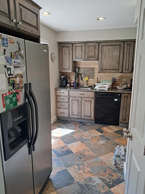 3901 Woodbridge Rd Unit 3901, Peabody, MA 01960 - kitchen with stainless steel fridge with ice dispenser, dishwasher, stone finish floors, decorative backsplash, and recessed lighting