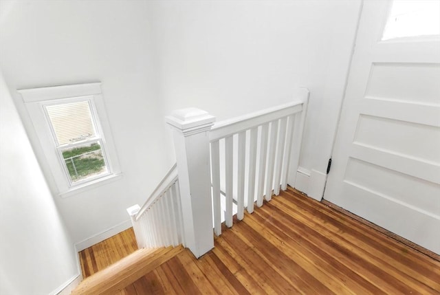stairway with baseboards and wood-type flooring