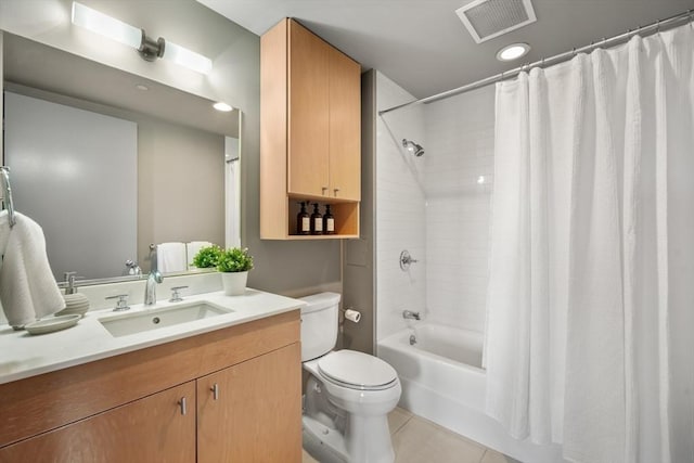 bathroom with visible vents, shower / bathtub combination with curtain, toilet, tile patterned flooring, and vanity