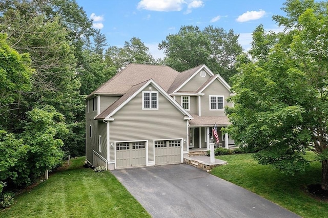 10 Londonderry Ln, Georgetown, MA 01833 - traditional home featuring covered porch, driveway, a front yard, and an attached garage