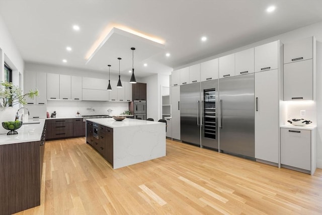 kitchen with modern cabinets, a center island, stainless steel appliances, light wood-style floors, and a sink