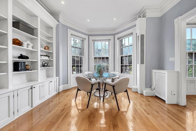 318 Commonwealth Ave Unit 3, Boston, MA 02115 - dining area with ornamental molding, light wood-style floors, built in features, and recessed lighting