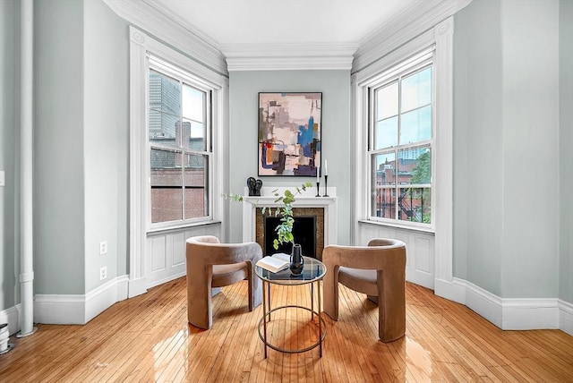 318 Commonwealth Ave Unit 3, Boston, MA 02115 - sitting room with crown molding, light wood-style flooring, and a fireplace