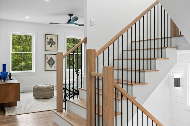 1 Maud Graham Cir, Burlington, MA 01803 - stairway with wood finished floors, a ceiling fan, and recessed lighting