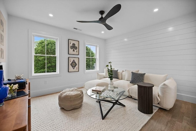 1 Maud Graham Cir, Burlington, MA 01803 - living area featuring wood finished floors, ceiling fan, and recessed lighting
