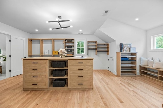 1 Maud Graham Cir, Burlington, MA 01803 - kitchen with open shelves, light wood finished floors, recessed lighting, light brown cabinetry, and lofted ceiling
