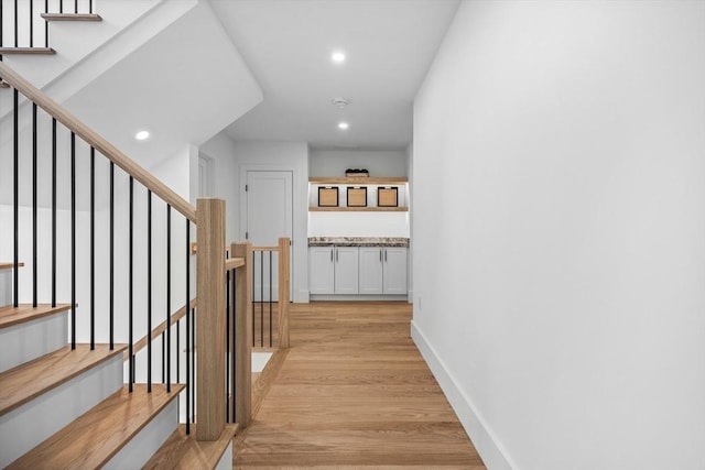 1 Maud Graham Cir, Burlington, MA 01803 - hallway featuring light wood finished floors, recessed lighting, and stairway