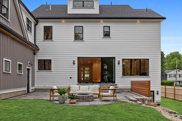 1 Maud Graham Cir, Burlington, MA 01803 - rear view of house featuring a patio area, an outdoor living space with a fire pit, and a shingled roof