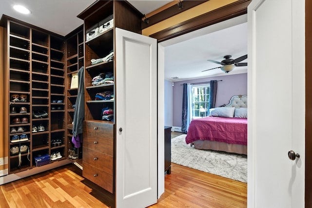 spacious closet with ceiling fan and wood-type flooring