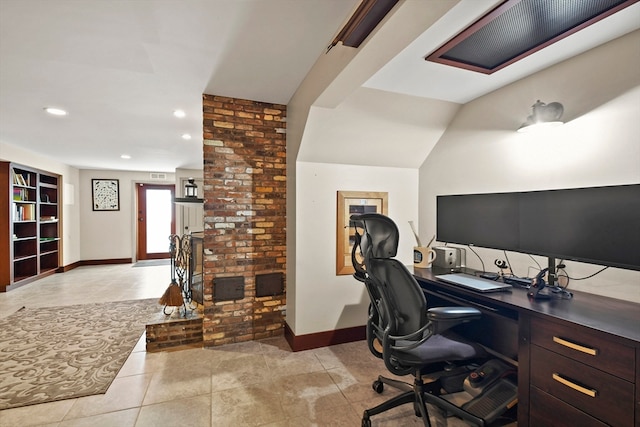 tiled office with lofted ceiling