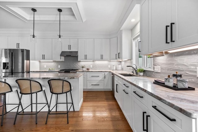 125 Ash St Unit 1, Waltham, MA 02453 - kitchen with stainless steel appliances, under cabinet range hood, a tray ceiling, white cabinets, and ornamental molding
