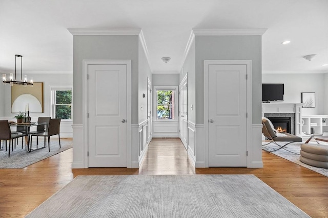 125 Ash St Unit 1, Waltham, MA 02453 - foyer featuring plenty of natural light, a fireplace, wood finished floors, a wainscoted wall, and ornamental molding