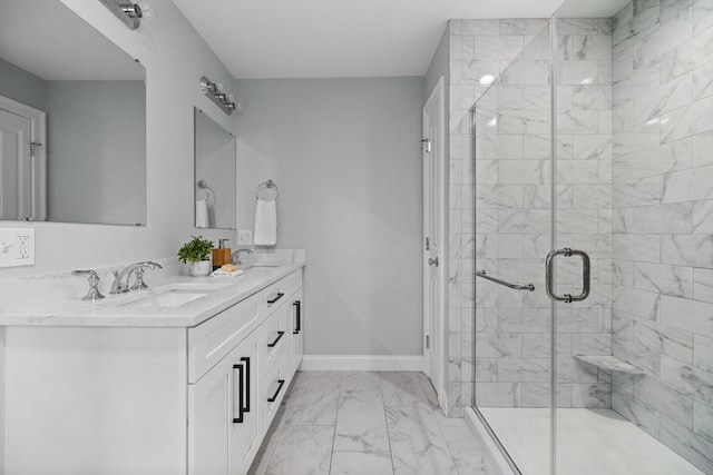 125 Ash St Unit 1, Waltham, MA 02453 - bathroom with marble finish flooring, double vanity, and a shower stall
