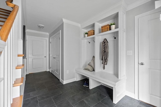 125 Ash St Unit 1, Waltham, MA 02453 - mudroom featuring crown molding and dark stone finish flooring