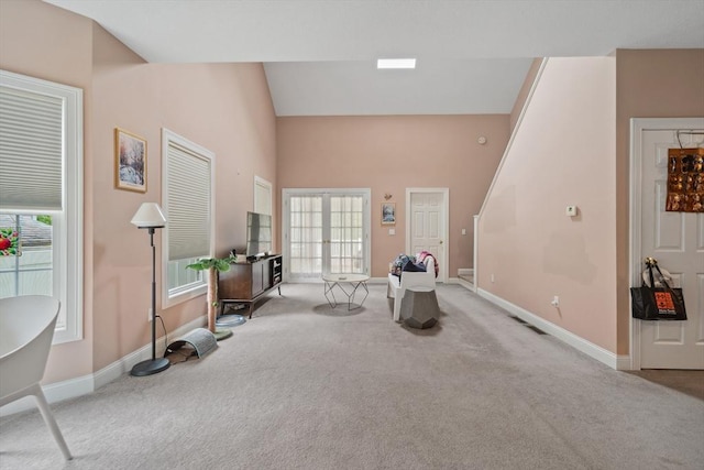 49 Camden St Unit 49, South Hadley, MA 01075 - living area with carpet flooring, baseboards, and high vaulted ceiling