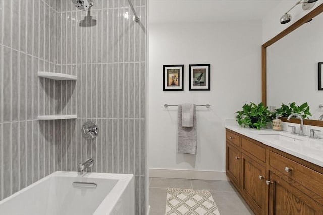 bathroom featuring tile patterned flooring, bathtub / shower combination, and vanity