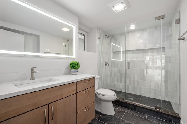 bathroom with toilet, vanity, a shower stall, and visible vents