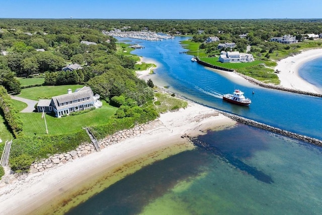 birds eye view of property featuring a water view and a forest view