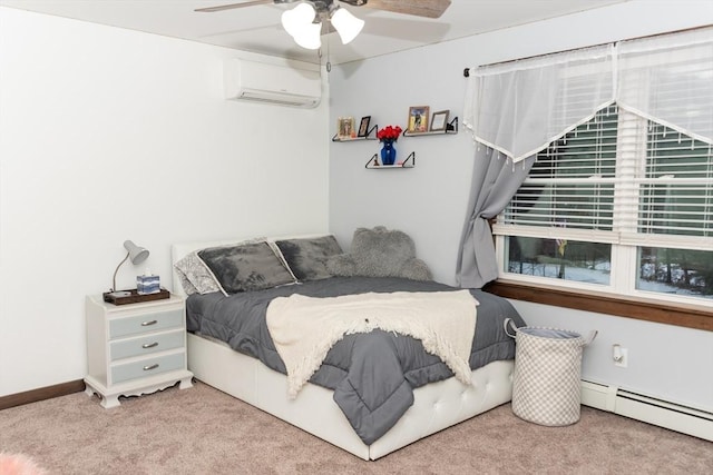 bedroom with ceiling fan, light colored carpet, a baseboard radiator, and a wall mounted air conditioner