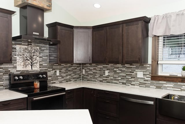 kitchen featuring black range with electric cooktop, dishwasher, backsplash, and wall chimney range hood