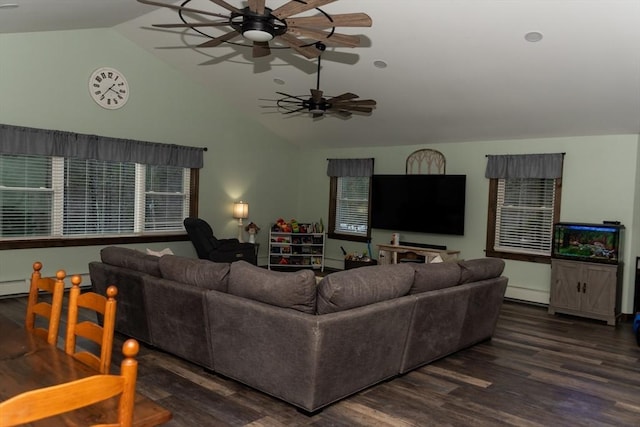 living room with ceiling fan, vaulted ceiling, and dark hardwood / wood-style floors