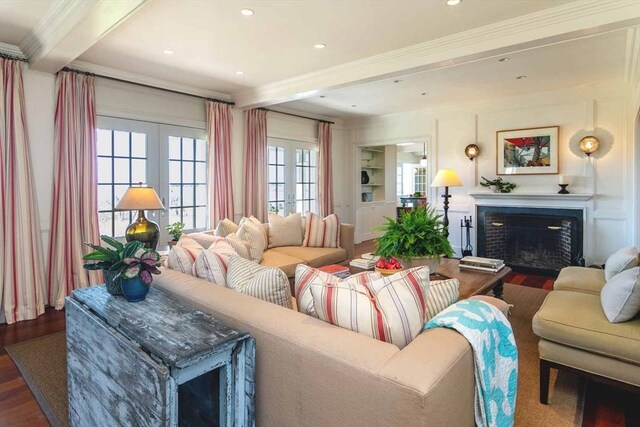 25 Lelands Path, Edgartown, MA 02539 - living area with wood finished floors, crown molding, a fireplace, and recessed lighting
