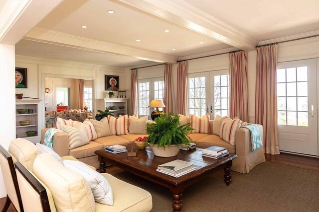 25 Lelands Path, Edgartown, MA 02539 - living area featuring beamed ceiling, ornamental molding, and french doors