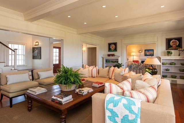 25 Lelands Path, Edgartown, MA 02539 - living area featuring beam ceiling, ornamental molding, stairway, wood finished floors, and recessed lighting