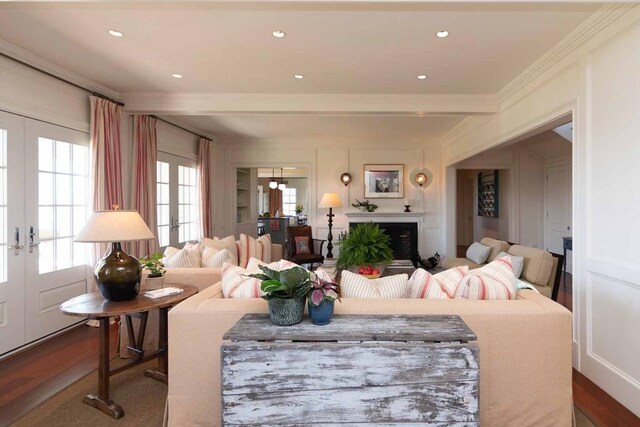 25 Lelands Path, Edgartown, MA 02539 - living area featuring ornamental molding, a fireplace, french doors, dark wood-style flooring, and recessed lighting