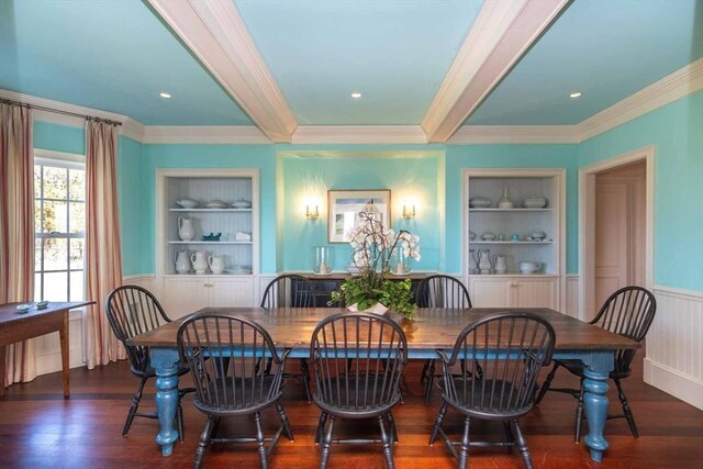 25 Lelands Path, Edgartown, MA 02539 - dining area with built in shelves, ornamental molding, beam ceiling, wood finished floors, and a wainscoted wall