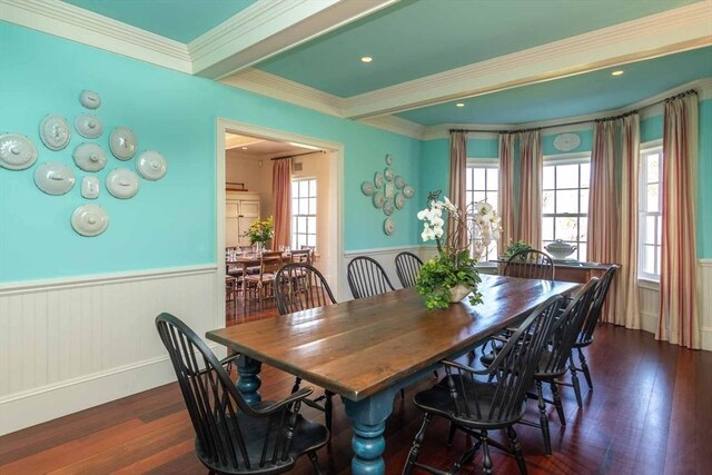 25 Lelands Path, Edgartown, MA 02539 - dining room featuring a wainscoted wall, wood finished floors, and ornamental molding