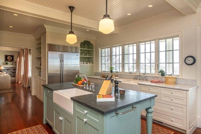 25 Lelands Path, Edgartown, MA 02539 - kitchen featuring built in refrigerator, ornamental molding, a sink, dark wood-style flooring, and open shelves